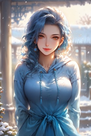 score_9, score_8_up, score_7_up, capture a mid-body shot of a youthful woman with vibrant blue hair and striking orange eyes, enveloped in a warm hoodie as she basks in the golden sunlight on a crisp winter day. Framed against a serene backdrop of soft, powdery snow, her figure is set amidst a quiet, idyllic atmosphere. POV: from just above waist-level.,Xxmix_Catecat,niji5,kamini