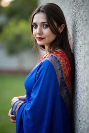 An ultra realistic image of a woman, wearing a blue saree and blouse, outdoors, leaning back on a wall, looking_at_viewer, red lips, gorgeous face, highly detailed