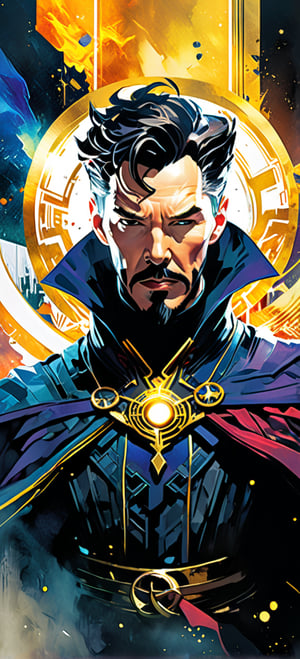 dr strange, urban Comics, black and gold flag ornaments, Marvel, sci fi, highly technology, iconographic, glitch background, , watercolor, ink, mist, interactive image, highly detailed, art style by Clayton Crain + Ross Tran + Rachel Walpole + Jeszika Le Vye + Dan Volbert + Simon Stalenhag + Brian Stelfreeze