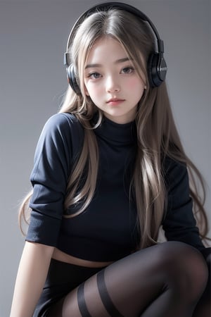 warm light room Beautiful woman with silver long hair against a grey background.over-the-ear headphones Smile,black tights top,Girl