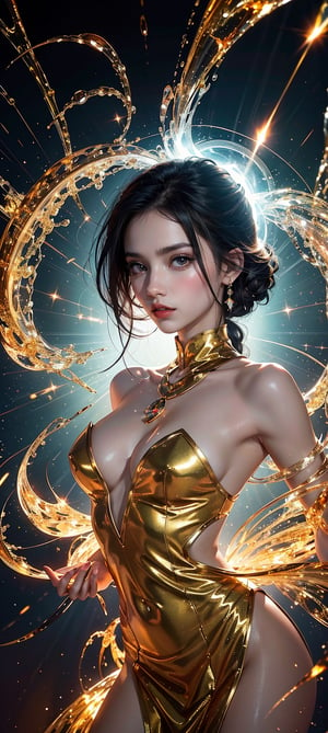 A mystical scene unfolds: a girl with porcelain skin and raven-black hair stands amidst a halo of shimmering copper light. Amber hues dance across her features as she gazes upward, entranced by the swirling vortex of golden crystals suspended above her. Foggy tendrils curl around her ankles, as if beckoning her into the mesmerizing glow. Red glass droplets cling to the crystal formations, refracting flashes of light that illuminate her serene profile.