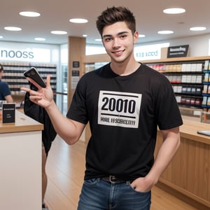 Create an image of a young man, approximately in his mid-20s, with short brown hair and a cheerful smile. He is standing inside a modern, well-lit phone shop. The young man is casually dressed in a stylish t-shirt and jeans. He is holding a rectangular sign in front of him with both hands. The sign is white with bold red text that says "20% Discount." The background should include shelves displaying various smartphones and accessories, and the shop's interior should look clean and contemporary.