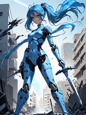 Robot. Cute blue-haired girl. Weapon. Sword. Destroy building