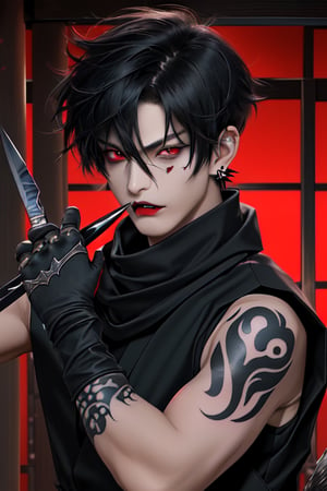 solo, looking at viewer, short hair, bangs, red eyes, gloves, boy, hair between eyes, jewelry, red torn scarf, weapon, dagger, black hair, earrings, sleeveless, black gloves,  Ninja clothes, ninja, arm tattoo, black wolf teeth mask, Japanese old house