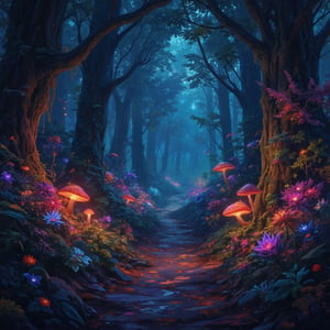 Anime style masterpiece illustration. A natural forest dirt path in a deep luscious vibrant forest, full of glowing colorful chaotic magic, dreamy, fantasy. There are glowing mushrooms and magical glowing flowers of various colors, thick high bushes, ethereal soft mist. Everything looks like from a magical fantasy land.,Anime Magical Gold Realism Niji Style