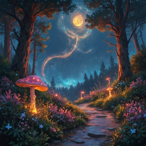 In this enchanting illustration, a winding dirt path meanders through a lush, vibrant forest bathed in the soft glow of magical energies. The air is thick with the sweet scent of glowing mushrooms and flowers of every color, their petals shimmering like precious jewels. Thick, high bushes stretch towards the misty sky, where wispy tendrils of ethereal fog dance across the sun-drenched canopy. Amidst this fantastical landscape, a sense of dreamy wonder pervades, as if the very fabric of reality has been woven with strands of pure glowing shinning magic. Anime-style brushstrokes bring to life the whimsical world full of vibrant colors and high contrast. Anime Magical Gold Realism Niji Style,LyraEcho,lyraecho,digital_painting