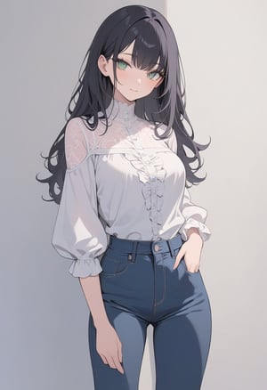 (((solo, looking at viewer))), (masterpiece, best quality), 1girl, female android, long black hair, green eyes, gentle and friendly expression, ((( blouse, jeans, gentle and friendly expression))), slender figure, txznmec, anime