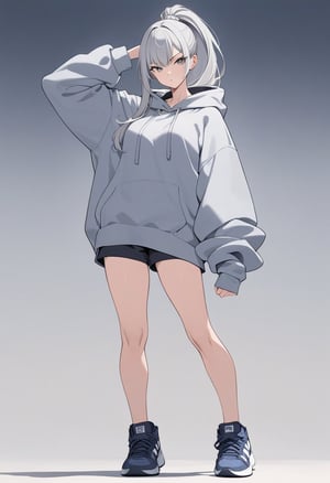 (((solo, looking at viewer))), (masterpiece, best quality), 1girl, long silver hair tied in a high ponytail, gray eyes, athletic and strong build, (((wearing an oversized hoodie and shorts, sneakers))), intense expression, engaging in martial arts pose, slender yet muscular figure, anime, txznmec
