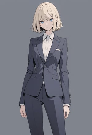 (((solo, looking at viewer))), (masterpiece, best quality), 1girl, female android, short blonde hair, blue eyes, slim build, androgynous appearance, neutral expression, sleek clothing, minimalist design, txznmec, (((suit, blazer, trousers))), formal attire, anime, txznflat