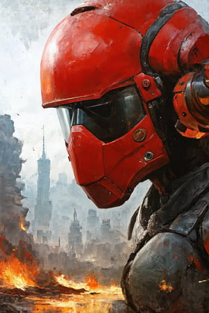 oil painting, apocalypses, a male in red power armor, snukp, helmet with mask, In destroying city, masterpiece, sci-fi, future, outdoors, calm, serene atmosphere, vibrant, soft pastels, whimsical, intricate details, dreamlike, concept art, illustration, highly detailed, beautiful image