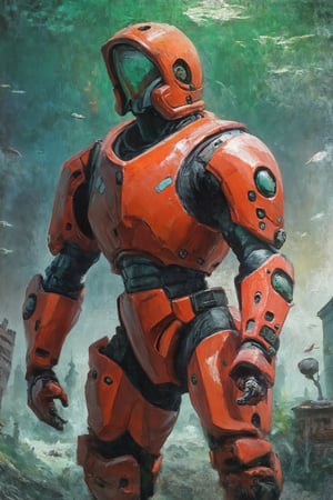 oil painting, apocalypses, a male in red power armor, snukp, helmet is huge aquarium green glass, In destroying city, masterpiece, sci-fi, future, outdoors, calm, serene atmosphere, vibrant, soft pastels, whimsical, intricate details, dreamlike, concept art, illustration, highly detailed, beautiful image