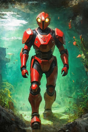 oil painting, apocalypses, a male in red power armor, snukp, helmet is huge aquarium green glass, In destroying city, masterpiece, sci-fi, future, outdoors, calm, serene atmosphere, vibrant, soft pastels, whimsical, intricate details, dreamlike, concept art, illustration, highly detailed, beautiful image