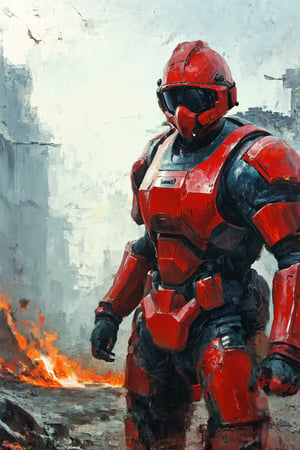 oil painting, apocalypses, a male in red power armor, snukp, helmet with mask, In destroying city, masterpiece, sci-fi, future, outdoors, calm, serene atmosphere, vibrant, soft pastels, whimsical, intricate details, dreamlike, concept art, illustration, highly detailed, beautiful image