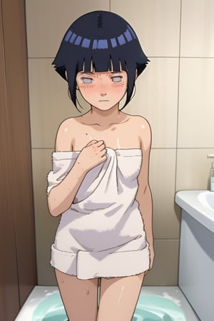 hinata, 4k, absurd, high resolution, very high resolution, high definition, masterpiece, anime_source, short hair, black hair, no pupils, blunt bangs, shiny hair, white eyes, hands behind back, blush, disgusted, ((tiny bath towel)), bedroom, beautiful body, beautiful legs, embarrassed, blushing