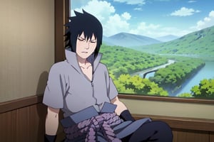 (wallpaper style:1.2),(looking at the viewer),Focus male,Sasuke Protagonist,sitting),Sasuke Uchiha,solo,black hair, spiky hair, black eyes, angry closed eyes, gray shirt with short sleeve,black arm guard,light purple belt, purple skirt, pants,masterpiece,16k, vivid colors, vibrant colors,perfect shading,anime landscape, bedroom, 