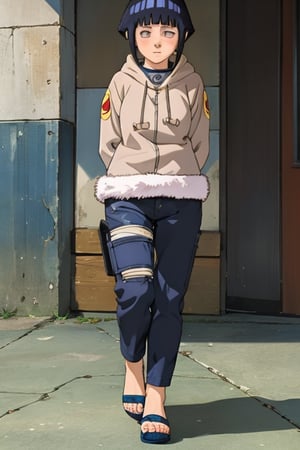 Full body, official_art, hinata, 4k, absurd, high resolution, very high resolution, high definition, masterpiece, anime_source, short hair, black hair, no pupils, blunt bangs, shiny hair, white eyes, hoodie, hood down, long sleeves, pants capri,hands behind back, blush, shinobi sandals, arms in V, embarrassed, blushing