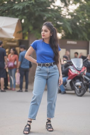  ((Full body portrait)), standing pose,Masterpiece: 1.4, best quality,  UHD : 1.4, ultra-realastic, photorealistic, ultra-detailed, 16k, soft-lighting, sunlight shadows effext, real DSLR photography shot, real face,  Beautiful 18-years-old indian hot instagram influencer girl from chandigarh, very cute, ponytails hairstyle,  slim face, pretty indian eyes , eyelashes,  makup, pink lipstick glossy, wearing casual blue t-shirt and jeans pant with black leather belt, wearing  black gladiator sandals on both feet, background is chandigarh road markets.