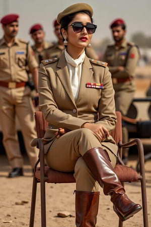 Score_9, score8_up, 16K, UHD:1.2, (masterpiece:1.5), UHD, close, focus, masterpiece, ultra-detailed, ultra-realastic, 8k, photorealistic, Gorgeous delhi alluring wife 25 years old , Amanpreet kaur sitting on chair, cross legs pose, with people in background, makup, red lipstick, earrings, (black dark sunglasses), bun hairstyle, officer police hat, ((wearing 2 piece suit of khaki police General blazer heavy uniform)), medal on blazer ,tie, overcoat, knee boots, ((brown leather gloves)), ((formal khaki trouser)), ((wearing brown shiny leather knee boots heeled)), background is Millitary tanks in desert.idol, Beauty, ((Full body shot))