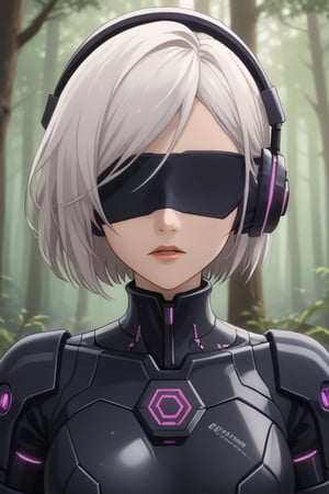 girl, blindfolded, dark headphones, white hair long, , in the forest ,stretched, technological suit purple, plug