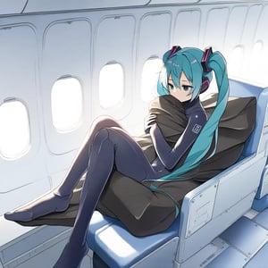 Hatsune Miku,blue plugsuit, black sack,alone, in the plane