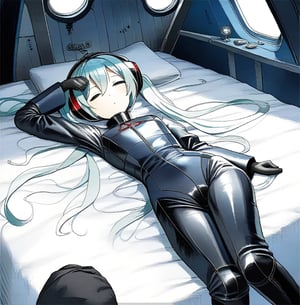 Hatsune Miku reclines alone on a plush airplane bed, her blue plug suit gleaming under the soft cabin lighting. She lies down, surrounded by dark leather and wooden trim, her long silver hair fanned out around her head. The black sack, abandoned at her side, hints at a journey's end.