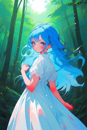 girl, blue hair, white dress, in the forest, red, blue, Face cute