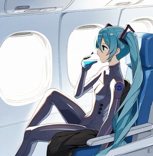 Hatsune Miku,blue plugsuit, black sack,alone, in the plane, drinking 