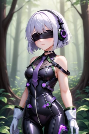 girl cute, blindfolded , dark headphones, white hair long, in the forest ,stretched, technological suit,sleeveless,black bodysuit,purple necktie,belt,ruanyi0530,see-through,zipper,white gloves,bare shoulders,black choker,metallic purple color,mechanical parts,android,with white edges