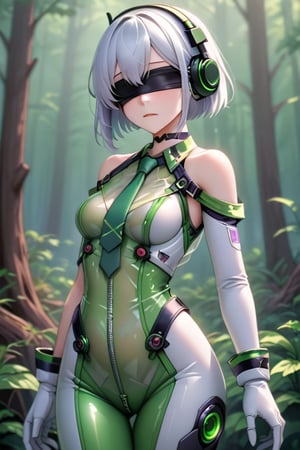 girl Slim, blindfolded, purple tie , dark headphones, white hair long, in the forest ,stretched, technological suit,sleeveless,green bodysuit,green necktie,belt,ruanyi0530,see-through,zipper,white gloves,bare shoulders,black choker,metallic green color,mechanical parts,android