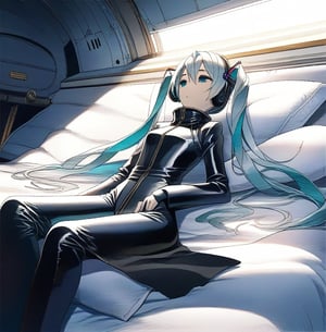 Hatsune Miku reclines alone on a plush airplane bed, her blue plug suit gleaming under the soft cabin lighting. She lies down, surrounded by dark leather and wooden trim, her long silver hair fanned out around her head. The black sack, abandoned at her side, hints at a journey's end.