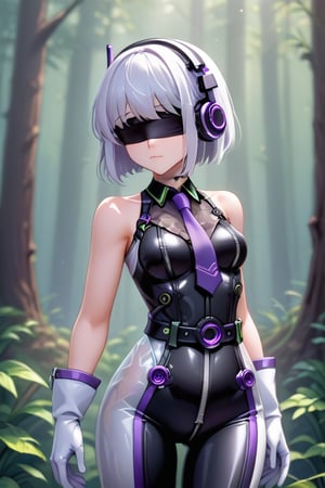 girl cute, blindfolded , dark headphones, white hair long, in the forest ,stretched, technological suit,sleeveless,black bodysuit,purple necktie,belt,ruanyi0530,see-through,zipper,white gloves,bare shoulders,black choker,metallic purple color,mechanical parts,android,with white edges