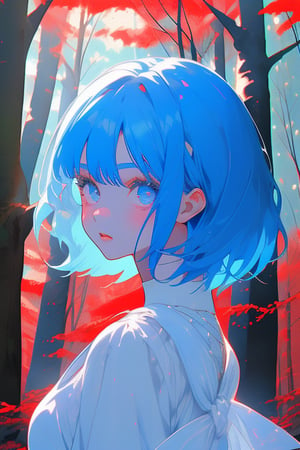 girl, blue hair, white dress, in the forest, red trees, blue, Face , head on