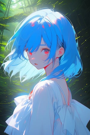 girl, blue hair, white dress, in the forest, red, blue, Face cute