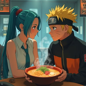 A dramatic anime screengrab, Hatsune Miku,and Naruto from Naruto Shippuden,They are both looking at each other,Naruto He has blue eyes and wearing his iconic orange and black jumpsuit, with his blonde spiky hair and Konoha headband clearly visible.Hatsune Miku and Naruto Uzumaki sitting together at a cozy anime-style ramen shop.Hatsune Miku has aqua colored hair and blue eyes,she has two long pigtails and has ornaments in her hair,she has a white sleeveless shirt,she has an aqua colored tie, The camera focuses on the vibrant orange-brown broth steaming up from the bowl, with perfectly cooked noodles and savory toppings. creating a whimsical contrast. Soft blue and yellow lighting casts a warm glow on the scene, with subtle shading bringing depth to the characters' faces,Anime style,style of Kawanabe Kyosai