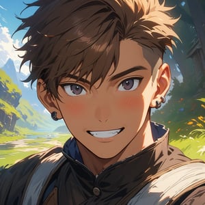 masterpiece, best quality, 4k, 8k, highres, ultra-detailed, anime, manga, oil painting, painted, gentle transitions, soft shadows, brush strokes, detailed textures, vivid colors, cel-shading, character design, expressive faces, dramatic lighting, concept character, headshot_portrait, young, handsome, male, teen, (fantasy rogue clothing:1.2), tan skin, brown hair, (black eyes:1.2), grinning, slight blush, undercut, lithe muscular build, looking_at_viewer, (one simple ear piercing:1.2), masculine