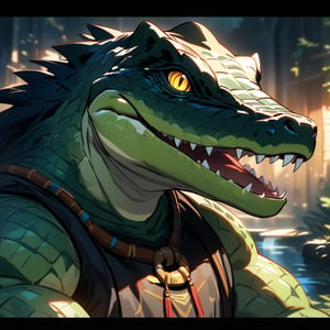 masterpiece, best quality, 4k, 8k, highres, ultra-detailed, anime, manga, oil painting, painted, gentle transitions, soft shadows, brush strokes, detailed textures, vivid colors, cel-shading, character design, expressive faces, dramatic lighting, concept character, headshot_portrait, looking_at_viewer, older masculine lizardfolk, (beefcake:1.4), non-human, anthro, alligator, crocodile, laughing, happy, black scales, kemono, tribal druid clothing, yellow eyes, boxy snout