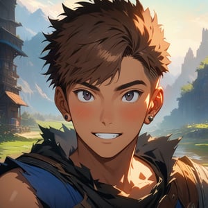 masterpiece, best quality, 4k, 8k, highres, ultra-detailed, anime, manga, oil painting, painted, gentle transitions, soft shadows, brush strokes, detailed textures, vivid colors, cel-shading, character design, expressive faces, dramatic lighting, concept character, headshot_portrait, young, handsome, male, teen, (fantasy rogue clothing:1.2), (tan skin:1.1), messy brown hair, bangs, (black eyes:1.2), grinning, slight blush, undercut, lithe muscular build, looking_at_viewer, (one simple ear piercing:1.2), masculine, front lighting