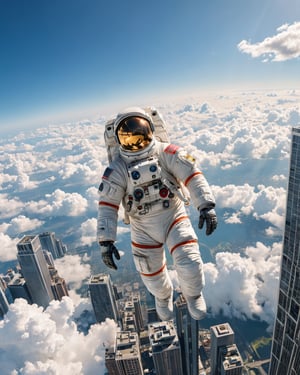 (otherworldly), highly insanely detailed, masterpiece, top quality, best quality, highres, 4k, 8k, RAW photo, (very aesthetic, beautiful and aesthetic),
At noon, under bright sunlight, a giant astronaut is floating in the sky above a skyscraper, surrounded by fluffy clouds. People are looking up at the scene in awe.