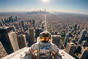 (otherworldly), highly insanely detailed, masterpiece, top quality, best quality, highres, 4k, 8k, RAW photo, (very aesthetic, beautiful and aesthetic),
Under the blazing sun, a GIANT astronaut, heighs 50m,  sits casually on Skyscraper, gazing towards the moon in the sky above. Below, people continue their daily activities, seemingly unaware of the monumental scene unfolding above them.