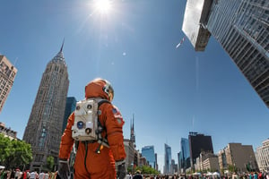 (otherworldly), highly insanely detailed, masterpiece, top quality, best quality, highres, 4k, 8k, RAW photo, (very aesthetic, beautiful and aesthetic),
Under the blazing sun, a giant astronaut stands as tall as a skyscraper, gazing towards the moon in the sky. Below, people bustle about, seemingly unaware of the giant's presence towering over them, akin to a monumental building in the skyline.