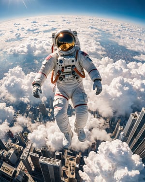 (otherworldly), highly insanely detailed, masterpiece, top quality, best quality, highres, 4k, 8k, RAW photo, (very aesthetic, beautiful and aesthetic),
At noon, under bright sunlight, a giant astronaut is floating in the sky above a skyscraper, surrounded by fluffy clouds. People are looking up at the scene in awe.