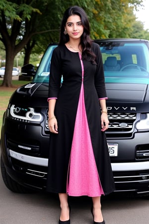 Indian girl, 20 years old, wearing black and pink kurti frock, standing near to real 'Range Rover'  car,  realistic background, real people's in background, viewing to front of viewer, 
Looking like a realistic Indian girl
Her eyes looking beautiful ,hair looking black 
And long With Pretty pose like an Actress, fine hair, normal position hands
