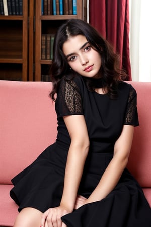 Indian girl, 20 years old, wearing Black frocks in her Drawing room sitting on sofa
Looking like a realistic Indian girl
Her eyes looking beautiful ,hair looking black 
And long With Pretty pose like an Actress 
