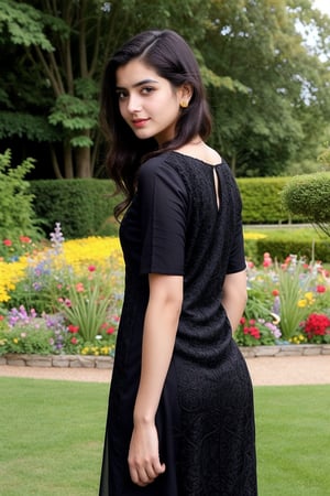 Indian girl, 20 years old, wearing black kurti with yellow frocks in garden background, standing, put some realistic people's in back, realistic background 
Looking like a realistic Indian girl
Her eyes looking beautiful ,hair looking black 
And long With Pretty pose like an Actress, fine hair, normal position hands
