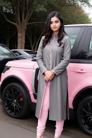 Indian girl, 20 years old, wearing gray and pink kurti, standing near to realistic 'RANGE ROVER''  car,  realistic background, real people's in background, viewing to front of viewer, 
Looking like a realistic Indian girl
Her eyes looking beautiful ,hair looking black 
And long With Pretty pose like an Actress, fine hair, normal position hands
