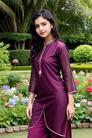 Indian girl, 20 years old, wearing pinck kurti frocks in garden background, standing, 
Looking like a realistic Indian girl
Her eyes looking beautiful ,hair looking black 
And long With Pretty pose like an Actress, fine hair, normal position hands
