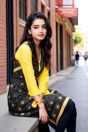 Indian girl, 20 years old, wearing black kurti with yellow frocks in street background, sitting on street desk, realistic background, 
Looking like a realistic Indian girl
Her eyes looking beautiful ,hair looking black 
And long With Pretty pose like an Actress, fine hair, normal position hands
