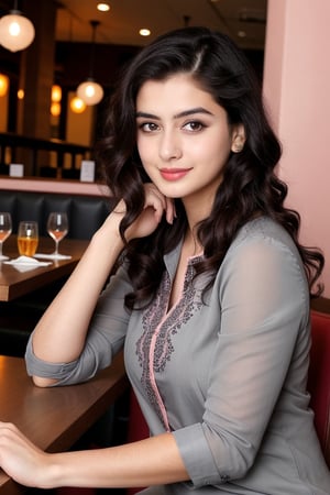 Indian girl, 20 years old, wearing gray and pink kurti, sitting, in restaurant, realistic background, real people's in background, viewing to front of viewer, 
Looking like a realistic Indian girl
Her eyes looking beautiful ,hair looking black 
And long With Pretty pose like an Actress, fine hair, normal position hands
