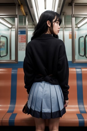 A masterpiece of a Japanese high school girl, captured in a crowded indoor subway setting under fluorescent lighting. The camera frames her stunning legs and pantyshot as she sits on the subway chair, with harsh eyes and cold face beneath heavy makeup. Her long black hair cascades down her back, tied up in a loose hime cut. A black cardigan and light blue shirt peek out from underneath her indigo school uniform skirt, cinched at the waist by a narrow tie. Bangs frame her dark brown eyes, which seem to pierce through the gloom. The subway chairs, windows, handles, pole, and doors provide a dynamic backdrop for this gyaru's striking appearance.