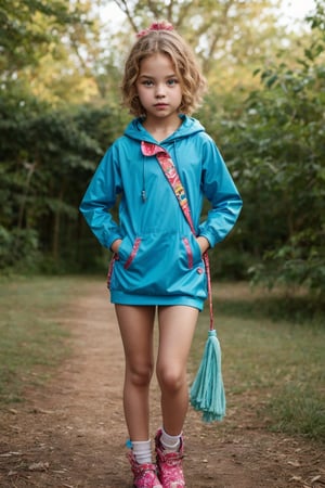 Full-body view of a beautiful-eyed, tween girl with a well-formed hot body, 100 times prettier tween girl. Hot childish outdoor unique one-of-a-kind style Fashion wear. Simple background, plenty of skin on show, sexy pose. SFW.